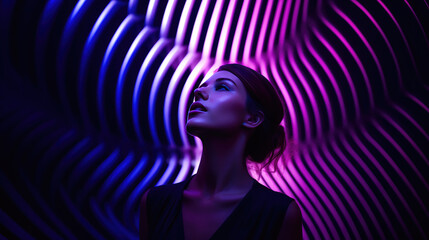 Woman in Blue & Purple Metaverse: Futuristic euphoria in immersive installation.