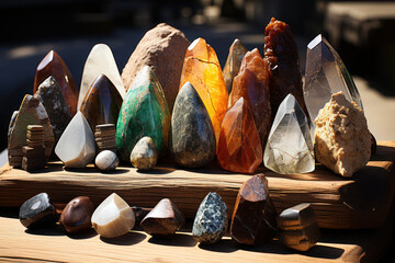 A collection of ancient stone tools, showcasing the technological advancements of early humans. Concept of Paleolithic archaeology. Generative Ai.