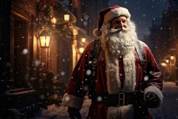Santa Claus walks through a town decorated for Christmas