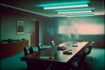 Interior of dingy conference room 1970s decor cigarette smoke in the air fluorescent lighting 