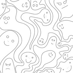 Pattern with cute ghosts. Coloring book. Outline. Vector illustration in doodle style.