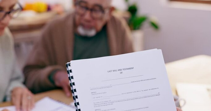 Old people, last will and testament with paperwork for life insurance and asset management, retirement and finance. Couple with legal document, folder and compliance with policy, contract and notary