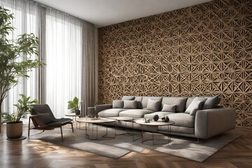  an image of a 3D wall design in a modern living room, showcasing intricate geometric patterns and textures.