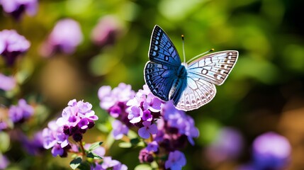 Violet butterfly resting on blossoming plant. generative AI 