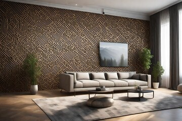  an image of a 3D wall design in a modern living room, showcasing intricate geometric patterns and textures.