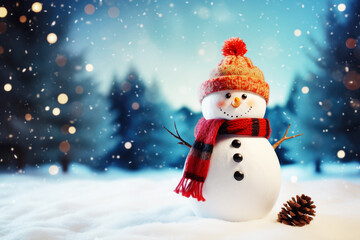 Fototapeta premium Smiling Snowman on Winter Blurred Landscape Background, Greeting Card with Copy Space