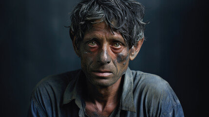 Portrait of a disfigured worker, their body mutated from years of exposure to toxic chemicals in the factory, a stark reminder of the consequences of the class divide.