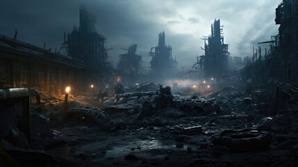 Scifi scene of a futuristic city in ruins, littered with the broken bodies of both humans and machines, locked in an endless battle for dominance. - obrazy, fototapety, plakaty