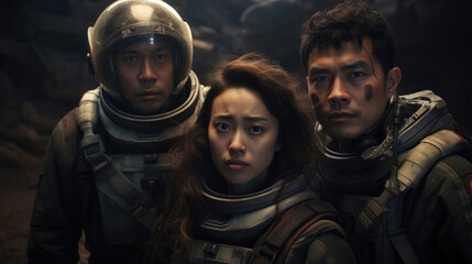 Portrait of a desperate group of colonists on a distant planet, struggling to maintain their energy supply as their planet is plagued by natural disasters and intense conflicts with native