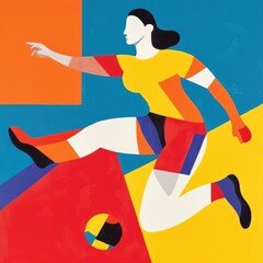 Girl playing football / soccer with a football - Fauvism style painting in oil paint with natural textures, bright patterned colours, symbolic— Wall print or poster for interior design