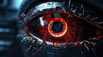 Closeup of a cybernetic eye scanning and analyzing a networks vulnerabilities before launching a devastating attack. The eyes glowing red iris reflects the destruction and chaos it is about - obrazy, fototapety, plakaty
