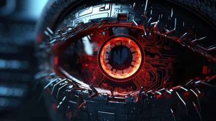 Poster Closeup of a cybernetic eye scanning and analyzing a networks vulnerabilities before launching a devastating attack. The eyes glowing red iris reflects the destruction and chaos it is about © Justlight