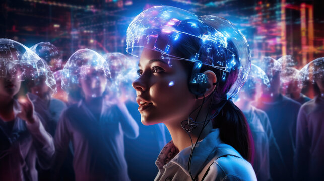 Portrait of a holographic performer, their face appearing as a digital avatar as they interact with a virtual reality crowd using advanced motion capture technology. The audience feels like - Powered by Adobe