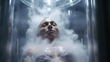 Closeup of a cryogenic chamber A human body suspended in a chamber filled with liquid nitrogen, frozen in time as they travel through space, waiting to be revived upon reaching a new planet. - obrazy, fototapety, plakaty