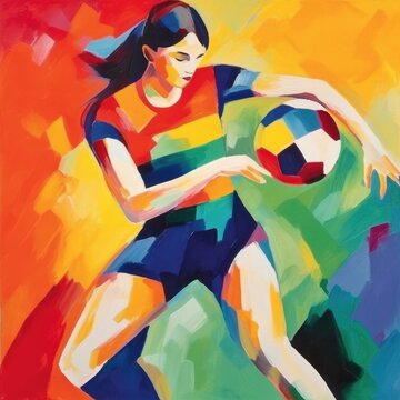 Girl playing football / soccer with a football - Fauvism style painting in oil paint with natural textures, bright patterned colours, symbolic— Wall print or poster for interior design