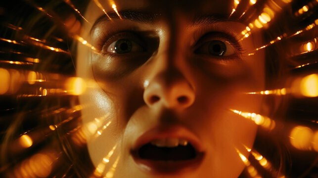 Closeup of a persons face as they experience the disorienting feeling of being teleported for the first time, with a brilliant flash of light and a rush of wind around them.