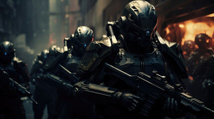 A group of elite soldiers, outfitted with advanced exosuits and armed with futuristic weapons, defending a futuristic city from a swarm of small asteroids that have breached the protective - obrazy, fototapety, plakaty