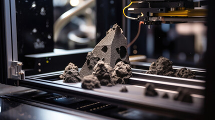 Closeup of a 3D printer in action, using raw materials mined from nearby asteroids to create intricate and durable parts for a stateoftheart space station.