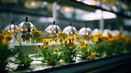 Closeup of tiny insects pollinating flowers in a miniature farm lab, carefully monitored by astronauts to ensure successful harvests. - obrazy, fototapety, plakaty