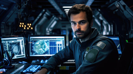 Portrait of a crew member inside the biohybrid spacecrafts control room, connected to the ships neural network and communicating seamlessly with the living systems on board. - obrazy, fototapety, plakaty