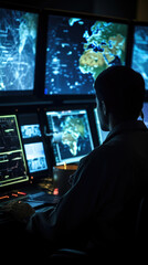 Fototapeta premium Closeup of a space traffic control officer monitoring the movement of spacecrafts, ensuring they adhere to designated flight paths and avoiding collisions in accordance with international