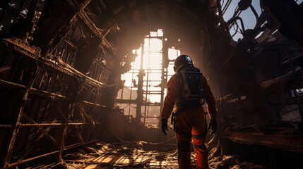 Portrait of a Space Explorer standing alone on an abandoned space station, its rusted metal structure a haunting reminder of humanitys past accomplishments and failures in space exploration.