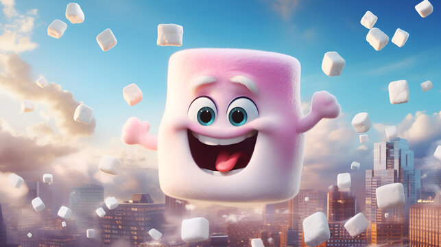 Cartoon marshmallow food character. Funny cartoon Marshmallow character banner. Cartoon pink marshmallows flying above the cityscape. Cute marshmallow cartoon character emoticon mascot