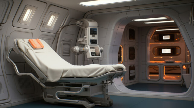 Scifi scene of a rehabilitation room on a spacecraft, equipped with a rotating centrifuge to help astronauts recover from muscle and bone density loss after prolonged exposure to zero gravity.