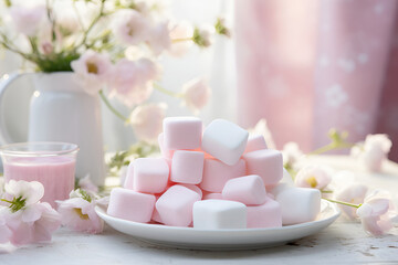 Marshmallows. Plenty of marshmallows, morning atmosphere. Pink and white marshmallows on plate on kitchen table, breakfast sweets. Pastel marshmallows creative commercial banner for ads, poster