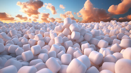 Fototapeta premium Marshmallows. White marshmallows creative commercial banner for ads, poster. Lots of marshmallows against cloudy sky background. Marshmallow banner. Vanilla marshmallow clouds in the sky