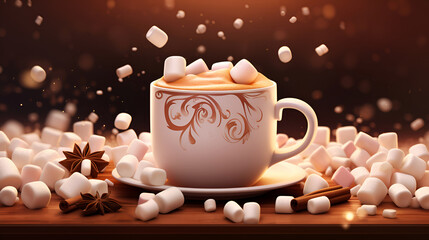 Obraz na płótnie Canvas Marshmallow drink. Warming drinks concept. Marshmallow hot chocolate or cacao. Cup of coffee latte with marshmallows and spices, template for ads, poster, card. Marshmallow commercial banner.