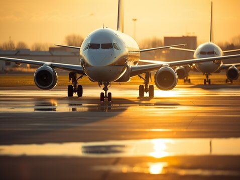 Flugzeugverkehr auf der Startbahn bei Sonnenuntergang