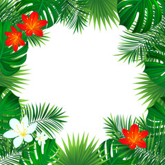 Hawaiian border frame vector illustration. tropical hibiscus flowers card with beautiful plants. Tropic coconut palms leaves on a white square background for summer designs, backdrops and wallpapers