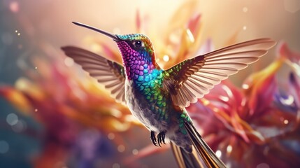 Create a stunning image of a vibrant hummingbird gracefully suspended against a pristine white backdrop, capturing every iridescent detail. - obrazy, fototapety, plakaty