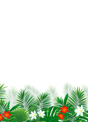 tropic vertical border frame with exotic flowers, jungle plants, palm leaves, monstera and place for text. Green folliage vector background. tropical design for travel, vacations card and posters