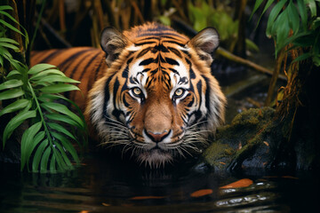 Fototapeta premium portrait illustration of a tiger in jungle. Created with Generative AI