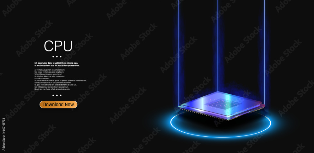 Poster futuristic microchip processor with lights on the blue background. quantum computer, large data proc