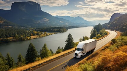Industrial truck transporting refrigerated commercial food on an empty street with scenic view