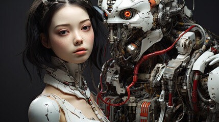 Closeup hybrid cyborg beauty transformation with a girl humanoid face.