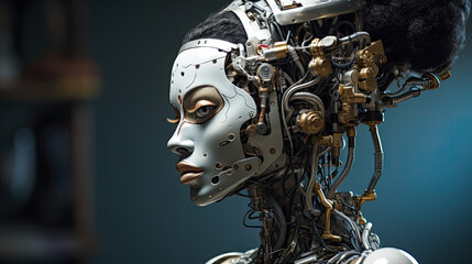 Closeup hybrid cyborg beauty transformation with a girl humanoid face.