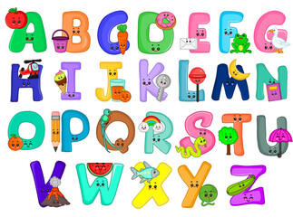 Set of cute English alphabet letters with cute animals, fruits, vegetables and objects on white background.
