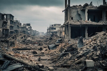Horrible war scene, empty city with destroyed houses. Buildings ruins due to war, bombing, terrorist attack, earthquake