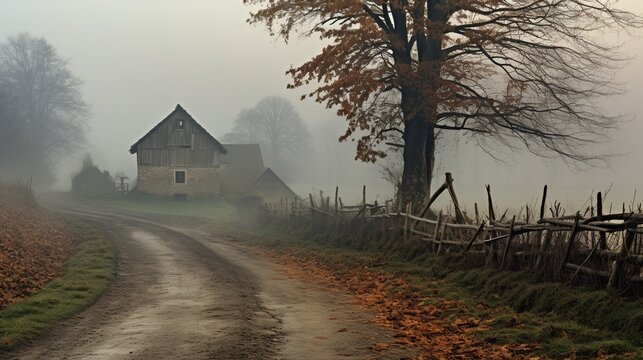 Mysterious autumn way in the fog with house