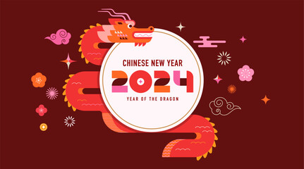 Lunar new year background, banner, Chinese New Year 2024 , Year of the Dragon. Geometric modern style