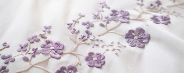 Closeup of a rich and intricate linen texture, showcasing a pattern of delicate embroidered flowers in shades of cream and lavender. This luxurious fabric exudes a delicate and feminine