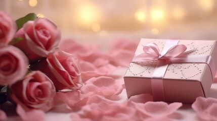 Defocused or blurred valentine day background with a rose flower bouquet, gift box and beautiful light