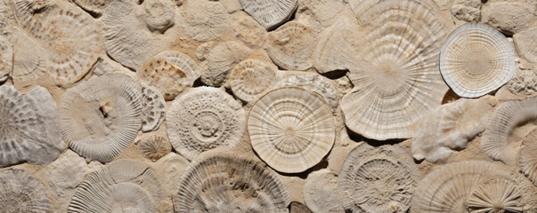 Texture of limestone with fossilized brachiopods This limestone displays a finelygrained texture, due to the abundance of fossilized brachiopods. The brachiopod fossils are small and round, - obrazy, fototapety, plakaty