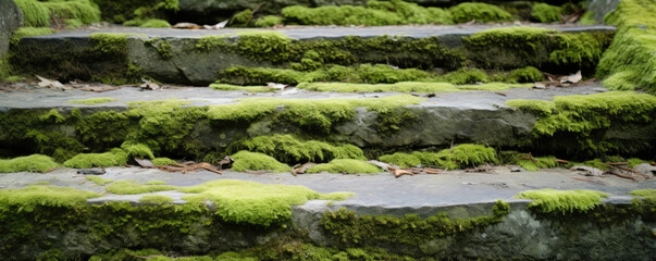 Closeup of rough and uneven bluestone steps enveloped by a soft and velvety coat of pale green moss.