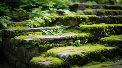 Texture of intricately patterned bluestone steps, overgrown with a dense mat of lush green moss.