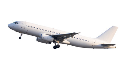 Modern passenger airliner on takeoff in the sky. Isolated over white background